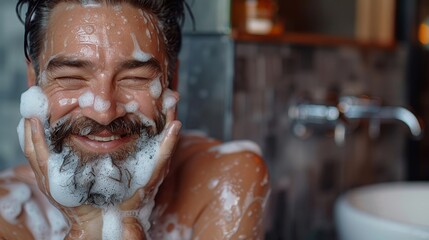 Fototapeta premium Morning Routine: Cheerful Bearded Man Freshening Up Generative AI