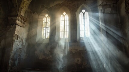 Sunlight Streaming through Windows in Abandoned Church