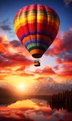 Fototapeta premium Hot air balloon over the lake at sunset, beautiful landscape