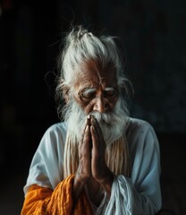 Elderly Man in Prayer with Traditional Indian Attire