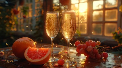   Two glasses of champagne on a table, each accompanied by a sliced grapefruit segment A window with a scenic view serves as the backdrop - obrazy, fototapety, plakaty