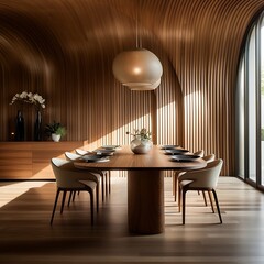 Interior of modern kitchen with wooden walls, wooden cupboards and round wooden table.