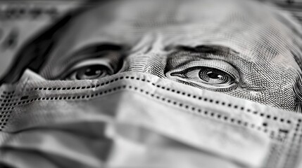 Close-up of a dollar bill with a face wearing a medical mask. High-contrast black and white image. Conceptual representation of economy during a pandemic. AI