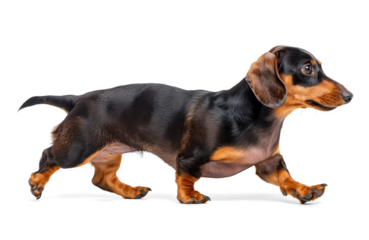 dachshund dog in walking pose, side profile view on isolated transparent background