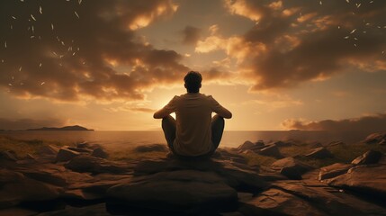 Man sitting alone felling sad worry or fear and hands up on head.