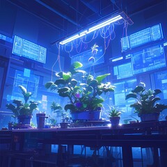 A futuristic atrium brimming with vibrant greenery and advanced technology showcases the power of bioengineering. - obrazy, fototapety, plakaty