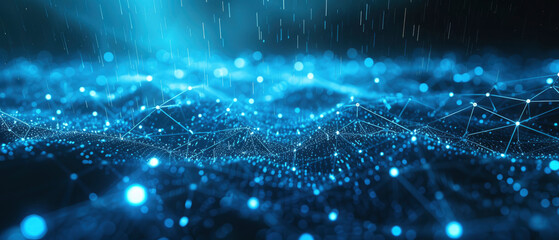 Dark blue digital data background, network surface with lights and lines in abstract space in rain at night. Concept of future, secure technology, cyber city, pattern, tech - obrazy, fototapety, plakaty