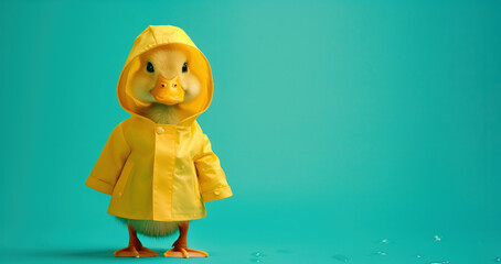 Duckling in yellow raincoat against turquoise backdrop. Fashion during rainy autumn season