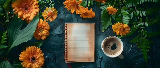 Creative Desk Space with Notebook and Coffee Amidst Blooms. Concept Desk Styling, Imaginative Workspace, Floral Decor, Coffee Break, Notebook Inspiration - obrazy, fototapety, plakaty