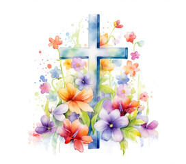 Watercolor cross with flowers. Easter design