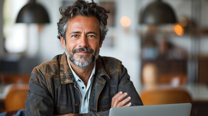 Obraz premium Seasoned Entrepreneur Working on Laptop in Casual Attire Generative AI