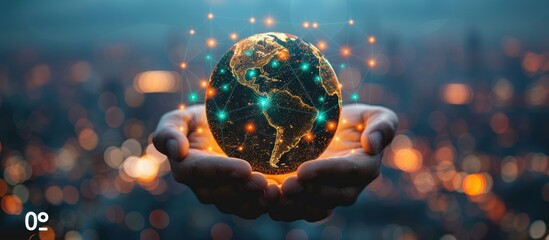 Businessman holding global digital network and data customer connection