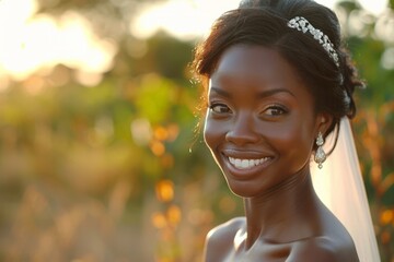A woman in a white wedding dress smiles directly at the camera, exuding joy and happiness on her special day - obrazy, fototapety, plakaty
