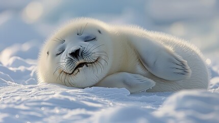   A close-up of a seal lying on a bed of snow with its eyes closed - obrazy, fototapety, plakaty