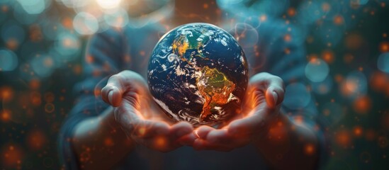 Fototapeta premium Businessman on blurred background using planet earth network sphere interface 3D rendering