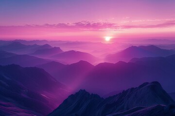 The sun dips below the horizon, casting a warm glow over the jagged peaks of a mountain range - obrazy, fototapety, plakaty
