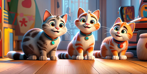 3d render illustration of a cartoon character three cats kittens are sitting on a hardwood floor
