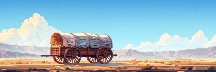 American Pioneers Wagon with Tent, Old Wooden Emigrant Carriage, Wild West Cart Flat