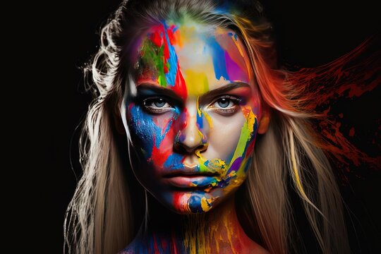 Vibrant Art Photography Portrait of a Blond Woman with Colorful Rainbow Airbrushed Paint and an Innocent Look