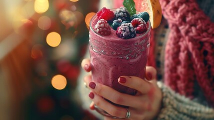 close up woman hands hold healthy fruit smoothie