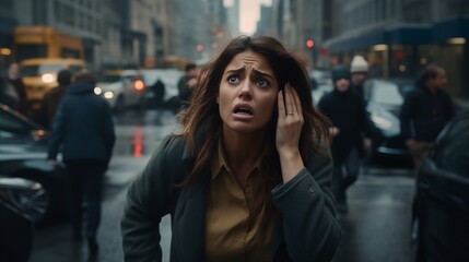 Fototapeta premium Panic attack in public place. Woman having panic disorder in city. Psychology, solitude, fear or mental health problems concept. Depressed sad person surrounded by people walking in busy street.