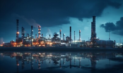 Fototapeta premium Petrochemical plant at night with blue sky and white clouds.