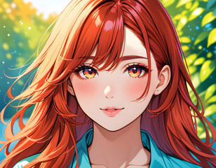 Una linda chica manga pelirroja, en el bosque con una actitud serena