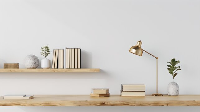 Minimalist Home Office Desk Setup with Stylish Decorations and Gold Lamp. Modern Interior Design Concept with Clean Aesthetic. Ideal for Contemporary Art Posters. AI