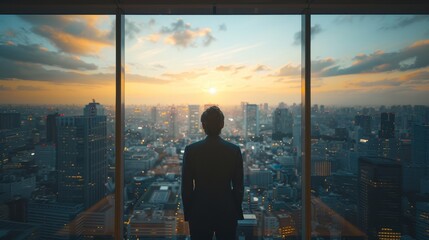 Man Standing in Front of City Skyline Through Window