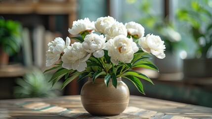   A vase with white flowers atop a wooden table Nearby, a potted plant sits on another wooden table