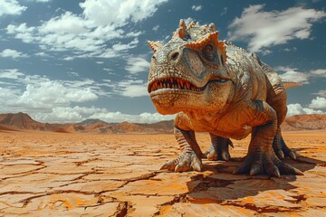 A massive dinosaur standing on top of a desert landscape