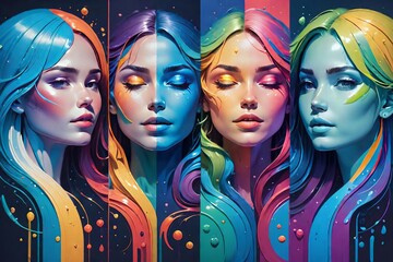A series of stylized portraits of women with flowing hair and a colorful, artistic flair, combining...