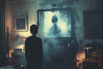 A person standing in front of a television set in a dimly lit room