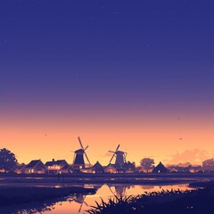 Captivating Scene of a Quaint Village at Dusk with Windmills and a Body of Water Reflecting the Warm Colors of the Setting Sun
