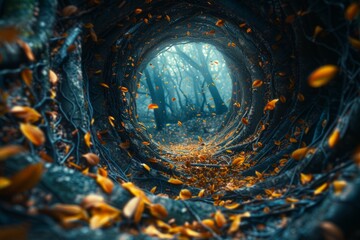 A tunnel in the forest covered in fallen leaves, creating a natural pathway through the woodland...