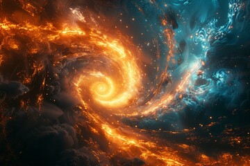 A spiral of fire and water twisting together in a dynamic display of contrasting elements - obrazy, fototapety, plakaty