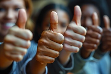 Multiple individuals holding their thumbs up in a gesture of approval or agreement