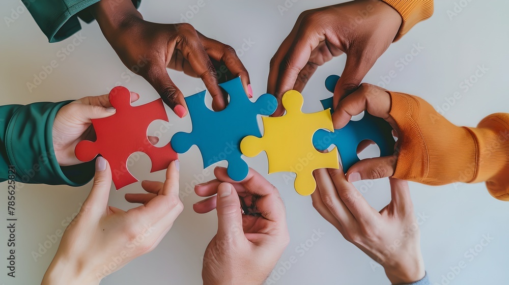 Aufkleber teamwork concept with colorful puzzle pieces in hands coming together. group collaboration, unity in