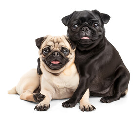 Cute happy pug family couple hug each other with different coat colors