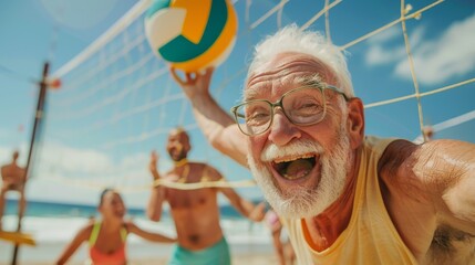 Joyful Senior Playing Beach Volleyball on a Sunny Day