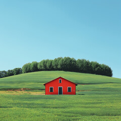 Fototapeta na wymiar Rotes Haus auf grünem Hügel, Italien