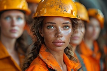 A group of women wearing hard hats and orange jumpsuits, possibly part of a construction or utility workforce, gathered together in a team
