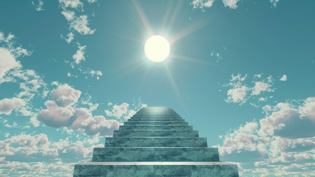 Staircase to the sky in a serene landscape - A calming and surreal image of a stone staircase ascending to the sun above dreamy clouds, evoking a sense of peace
