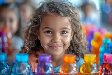 A young girl standing in front of a collection of various bottles, appearing curious and intrigued by the array before her - obrazy, fototapety, plakaty