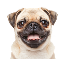 Cute happy pug family couple hug each other with different coat colors