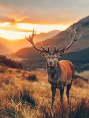 Powerful elk standing tall during golden hour - A powerful elk stands tall amidst golden grasses as the golden hour light casts a warm glow over the mountainous scene