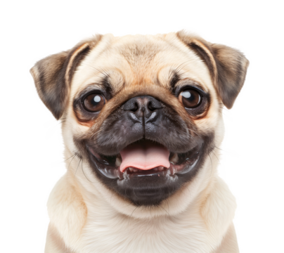 Cute happy pug family couple hug each other with different coat colors