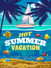 Hot Summer Vacation poster. Ocean sea, underwater