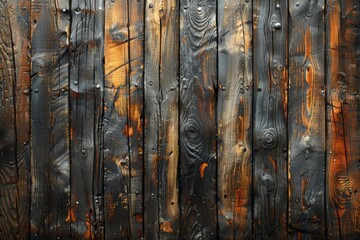 Detailed view of a weathered wooden fence, showing visible rust patches and aged wood grain