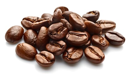 Close-up of fresh roasted coffee beans on a white background. Ideal for cafes and food blogs. High-resolution image for advertisers. AI - obrazy, fototapety, plakaty